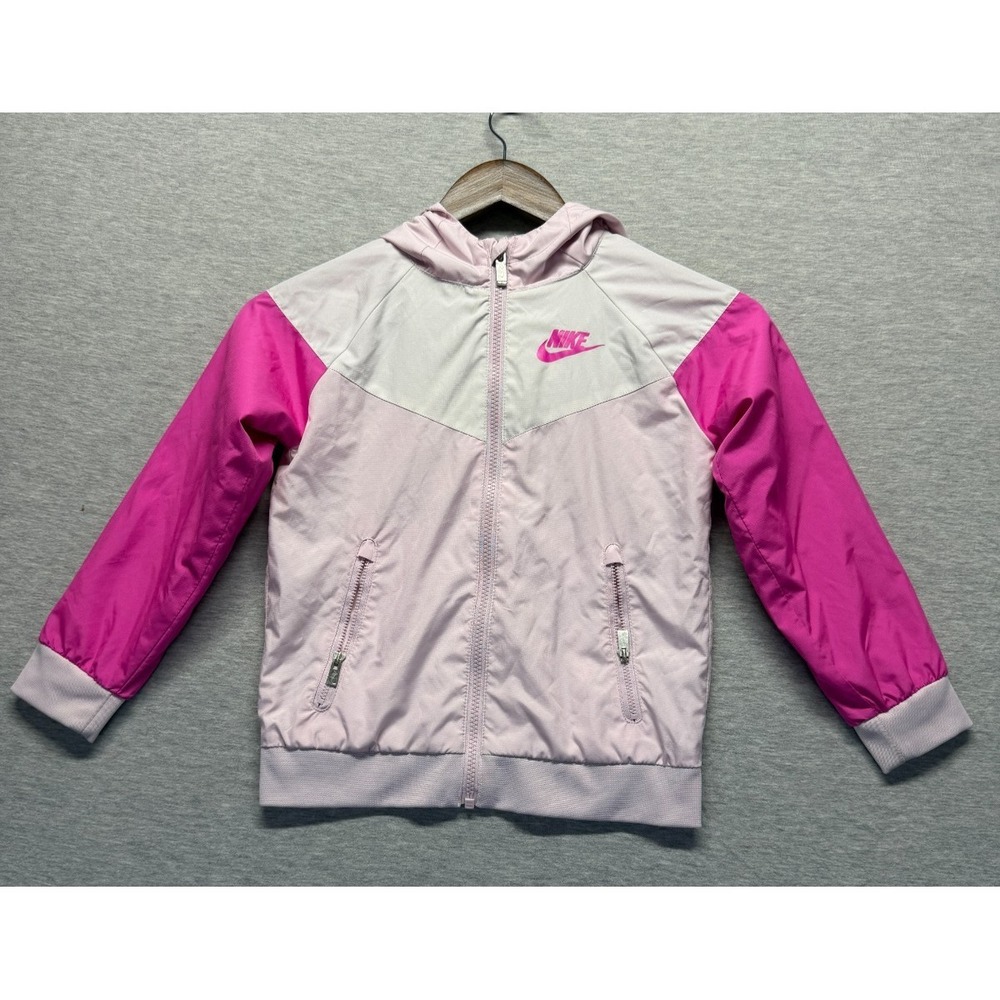 Nike Windbreaker Jacket Kids Girls Large Light Pink Script Logo Hooded Full Zip